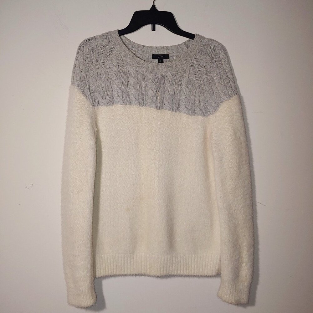 J.Crew CABLE FUZZY WOOL BLEND CREW NECK SWEATER Size M Grey/Cream